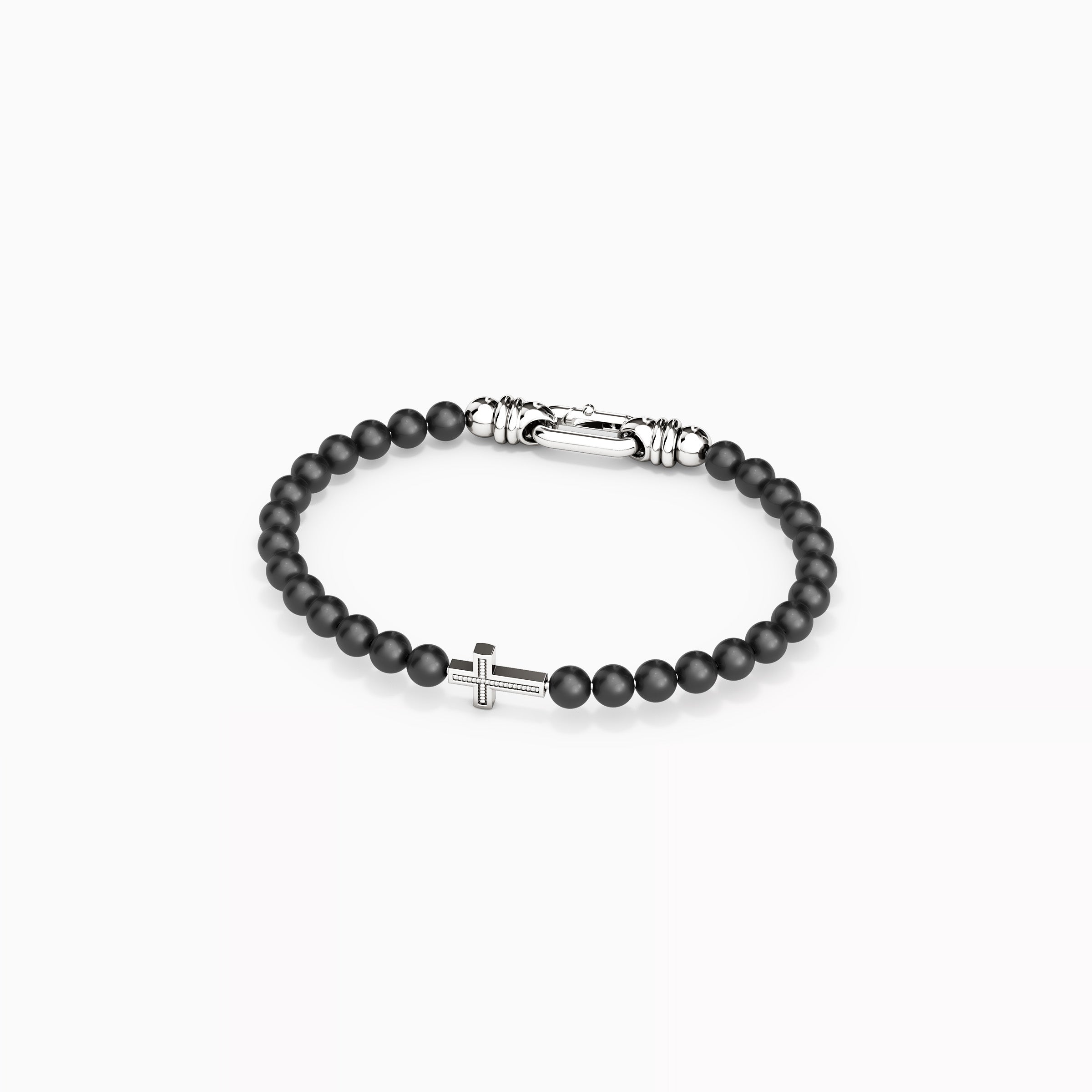 Bracelet Croix en Argent Sterling avec Perles Onyx de 6 mm