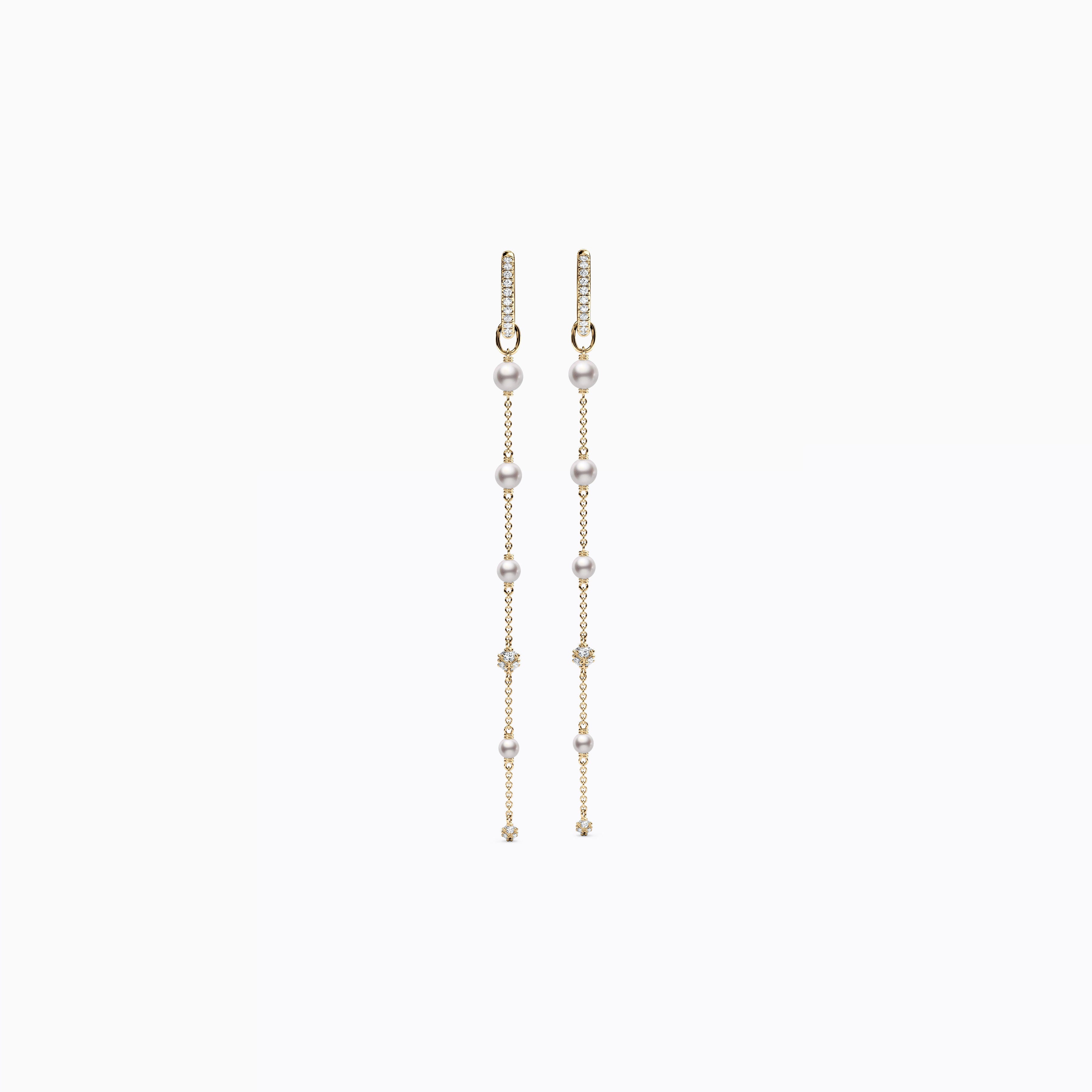Fresh Water Graduated Pearl & Diamond Drop Hoop Earrings | 14K Gold