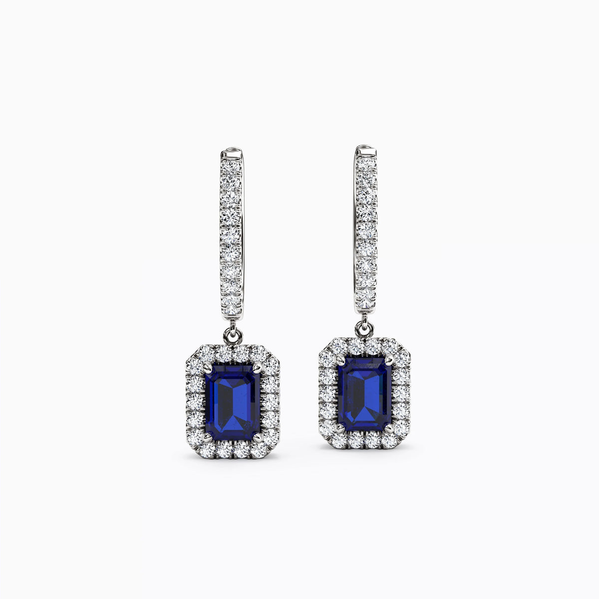 Emerald-Cut Halo Drop Earrings | Sapphire & Diamonds
