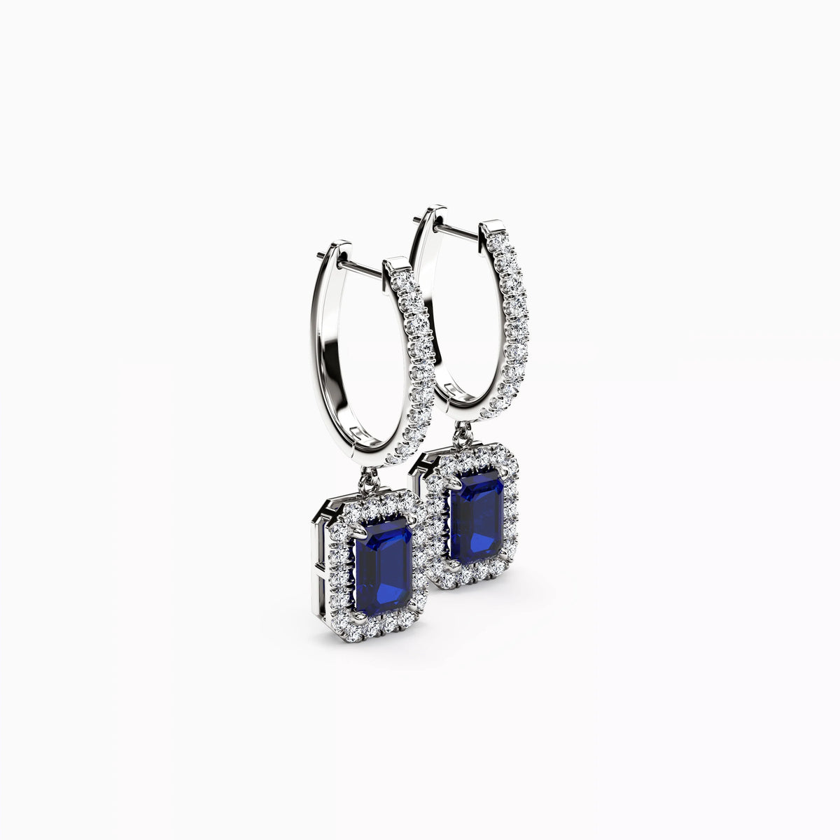 Emerald-Cut Halo Drop Earrings | Sapphire & Diamonds