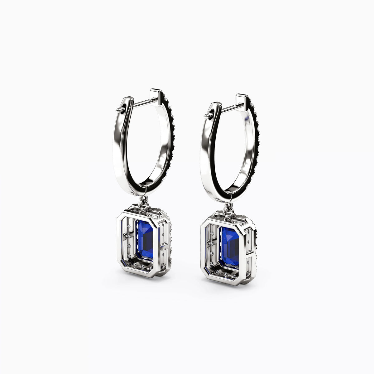 Emerald-Cut Halo Drop Earrings | Sapphire & Diamonds
