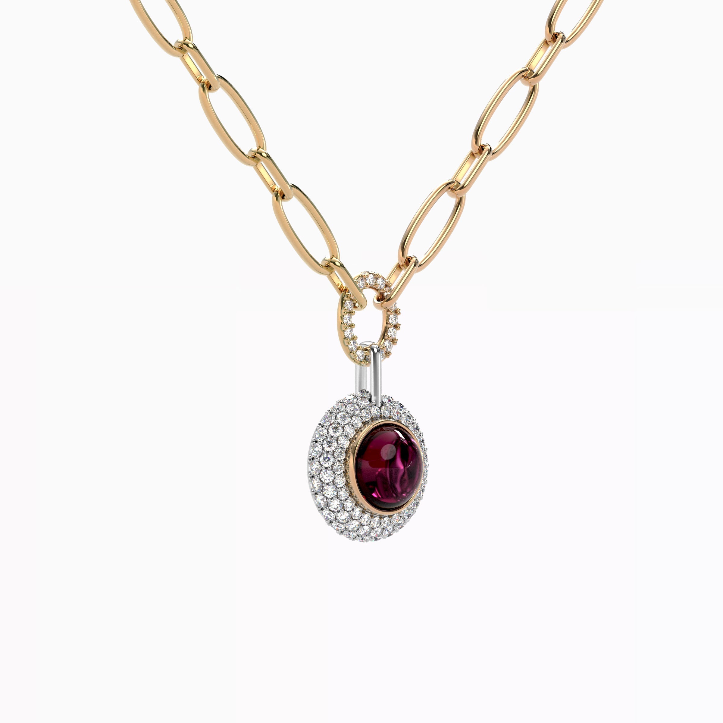 Collier rhodalite avec halo de diamants bombés | Or 18 carats et platine