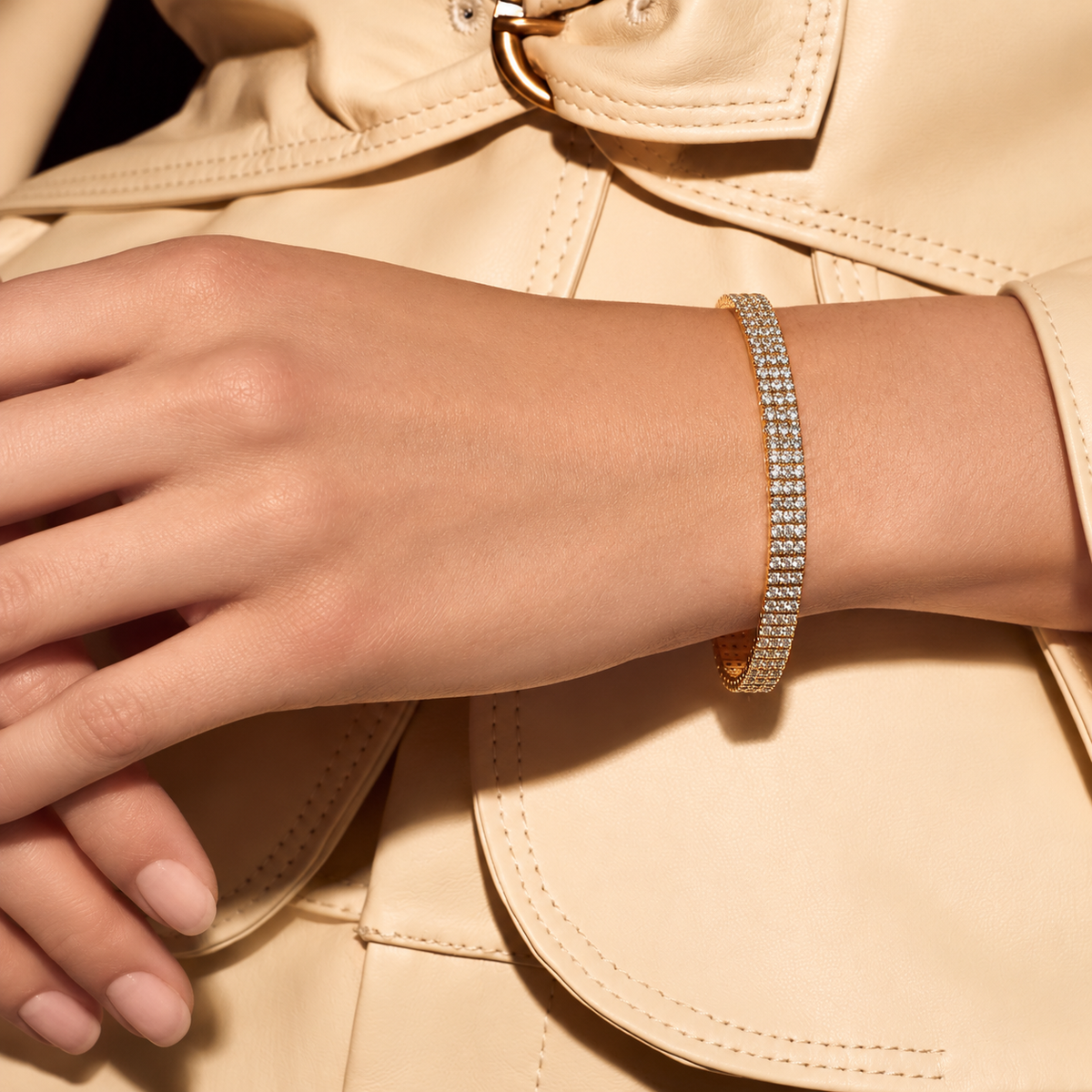 Three Row Shared Prong Tennis Bracelet | 14K Gold