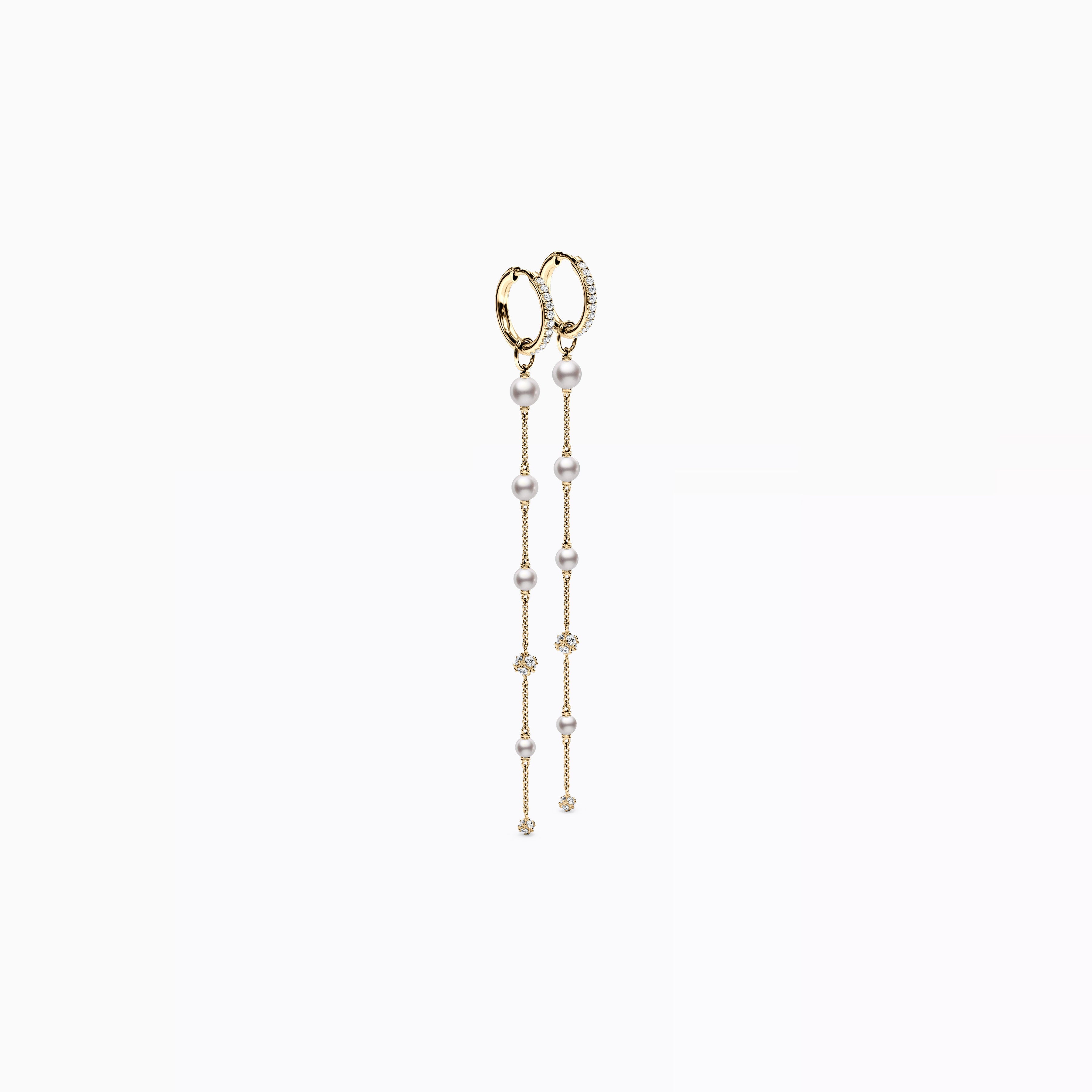 Fresh Water Graduated Pearl & Diamond Drop Hoop Earrings | 14K Gold
