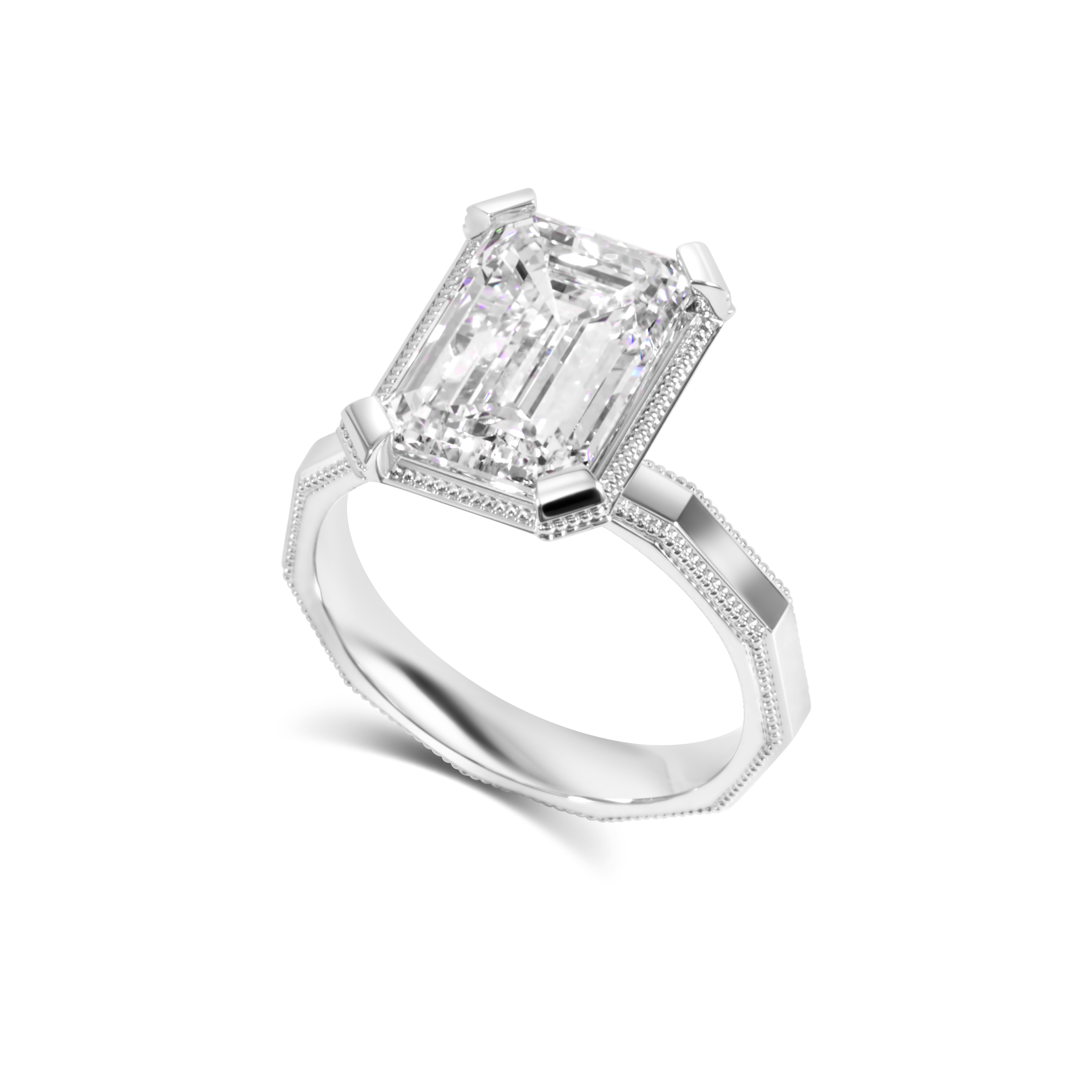 Bague de Fiançailles Solitaire Diamant Taille Émeraude et Détails Millegrain | Or 18K