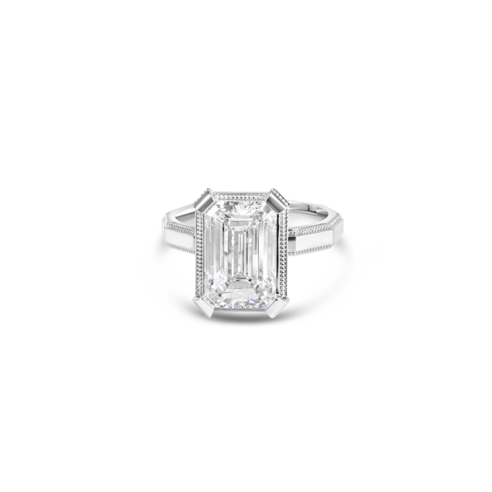 Bague de Fiançailles Solitaire Diamant Taille Émeraude et Détails Millegrain | Or 18K