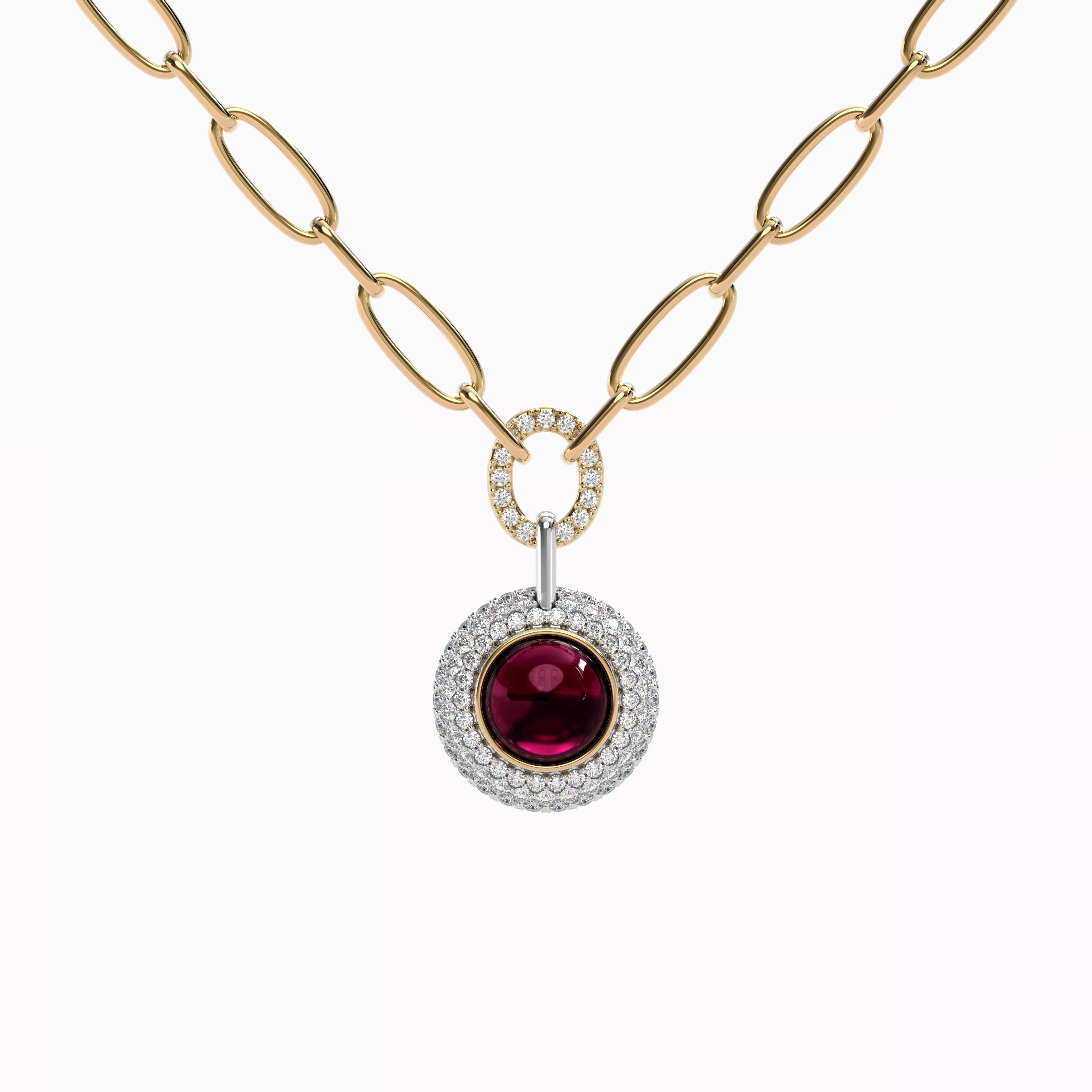 Collier rhodalite avec halo de diamants bombés | Or 18 carats et platine