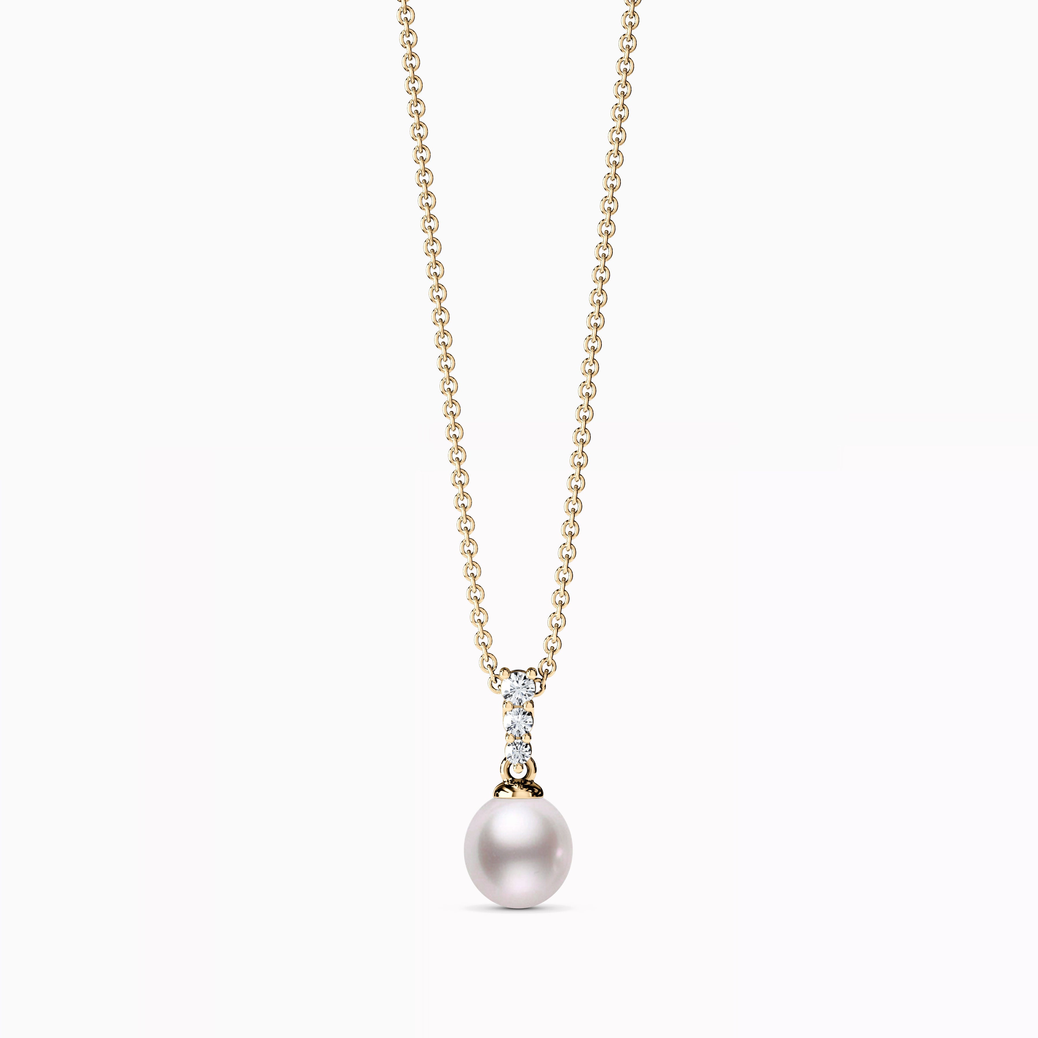 Collier pendentif barre en or 14 carats avec perle Akoya et diamants