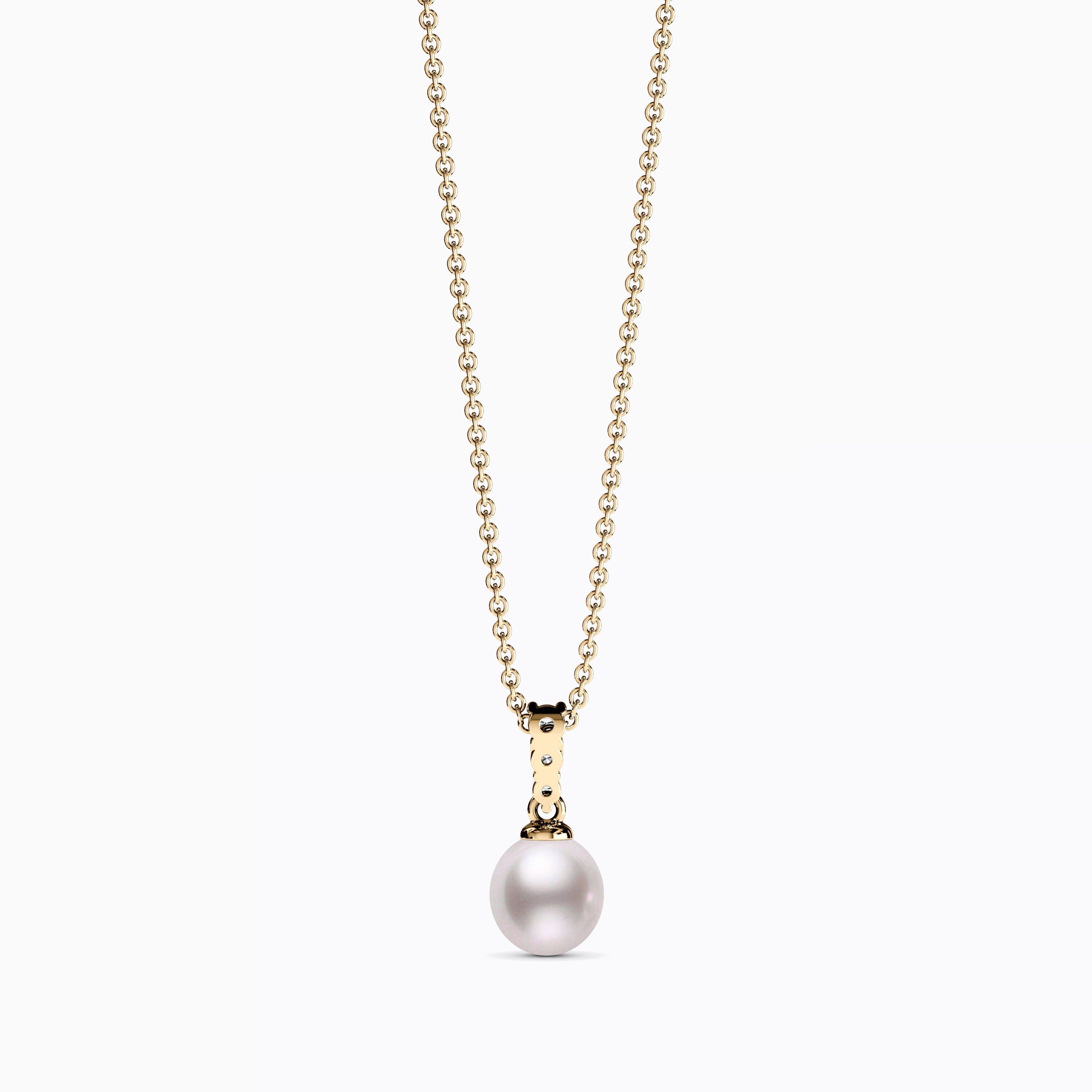 Collier pendentif barre en or 14 carats avec perle Akoya et diamants