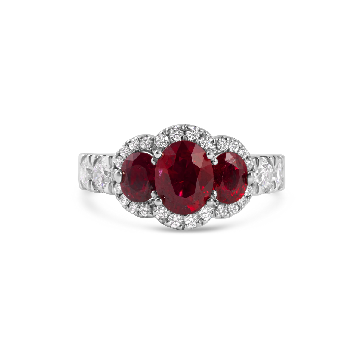Three-Stone Ruby Ring | White Gold & Diamonds