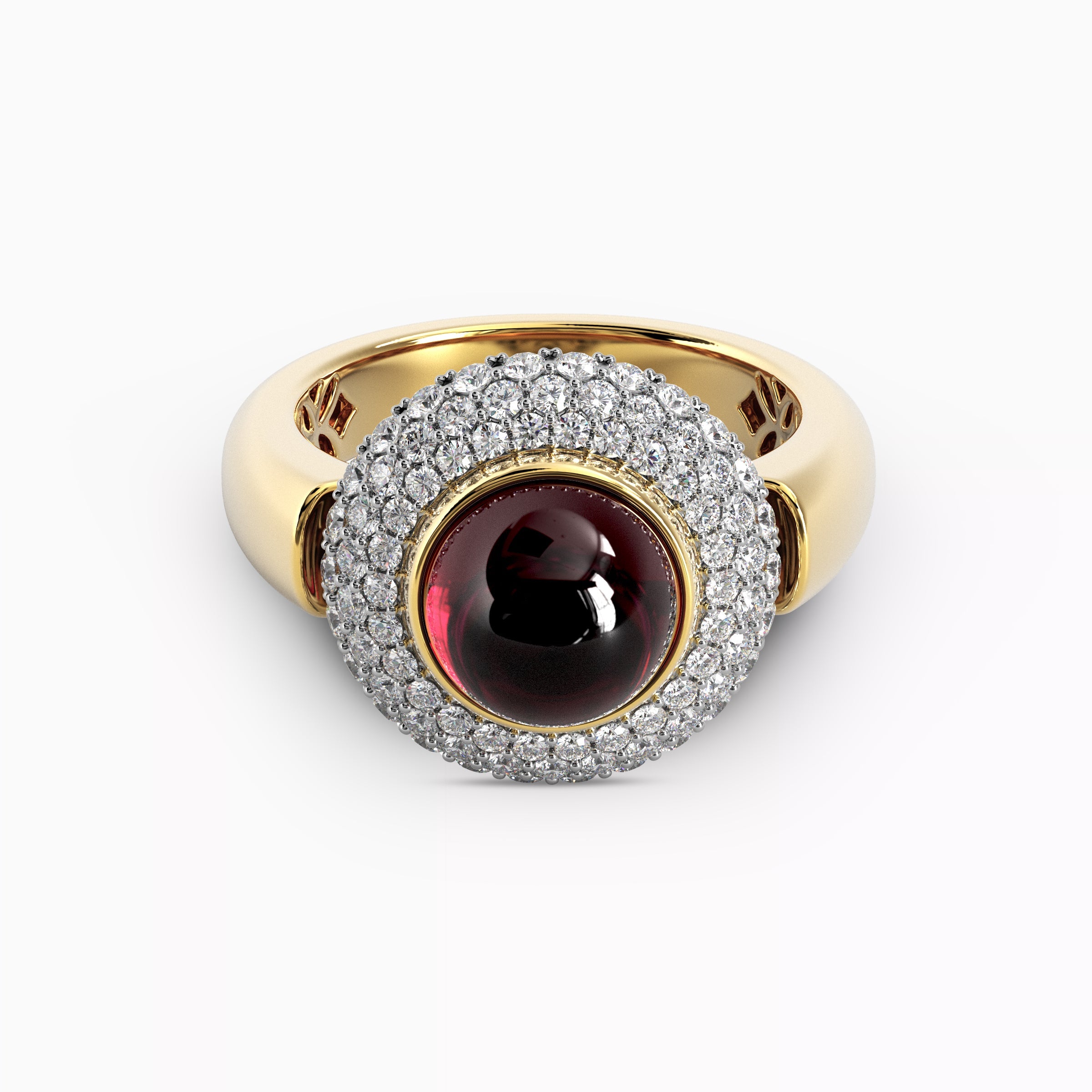 Bague Rhodolite avec Halo de Diamants Bombés | Or 18 carats et Platine