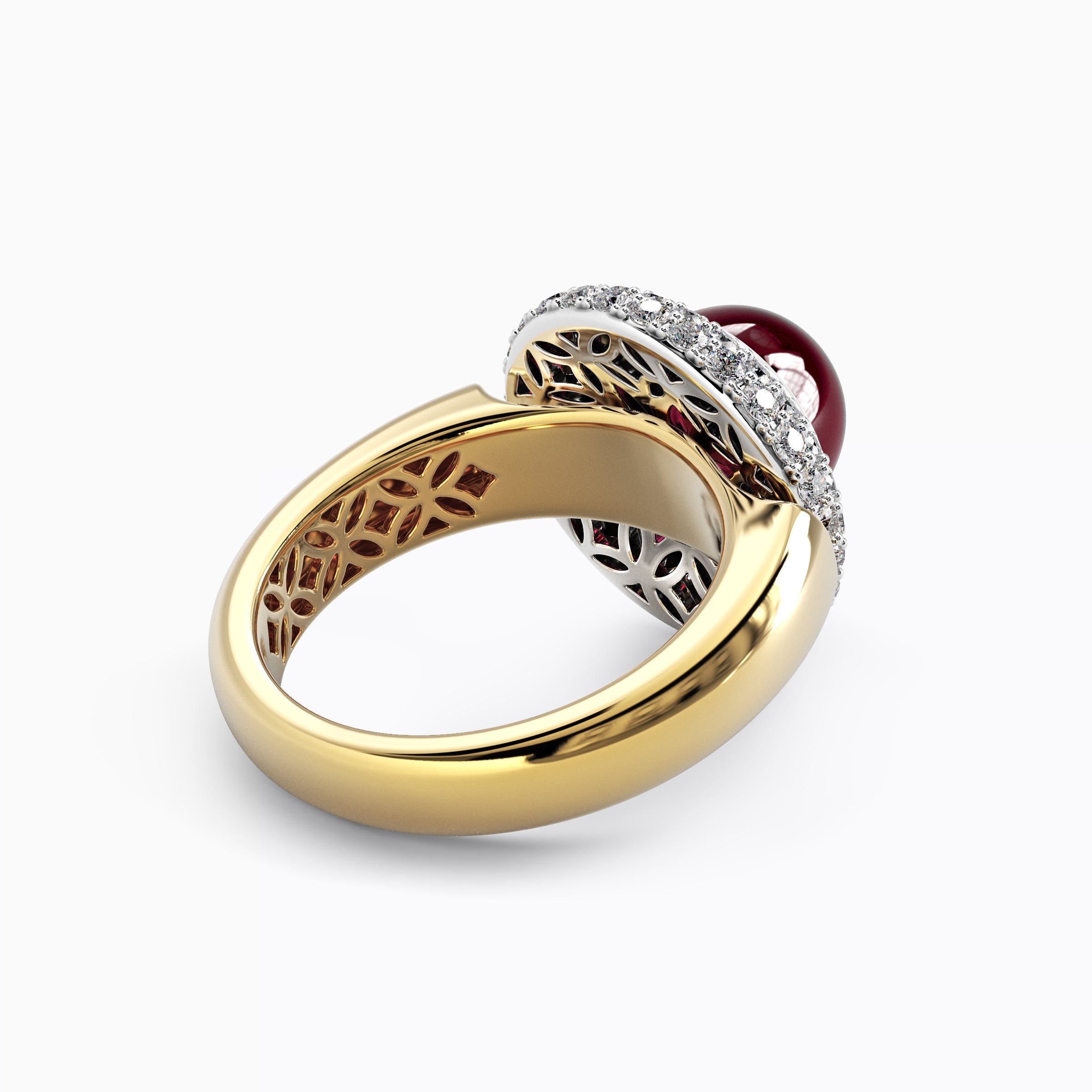 Puffed Diamond Halo Rhodolite Ring | 18K Gold and Platinum