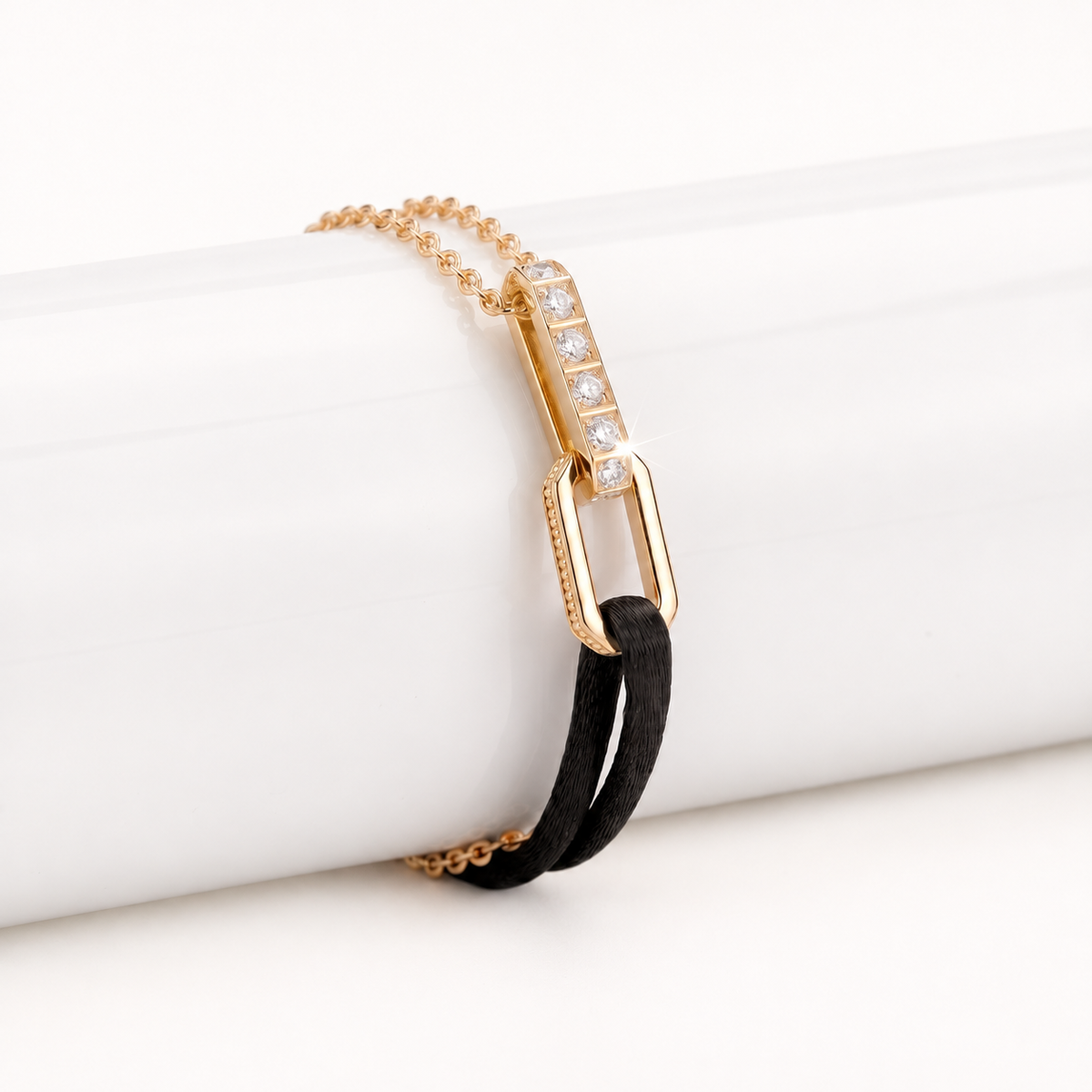 Gold Chain with Black Satin Lanyard Bracelet 18K Gold | Diamonds